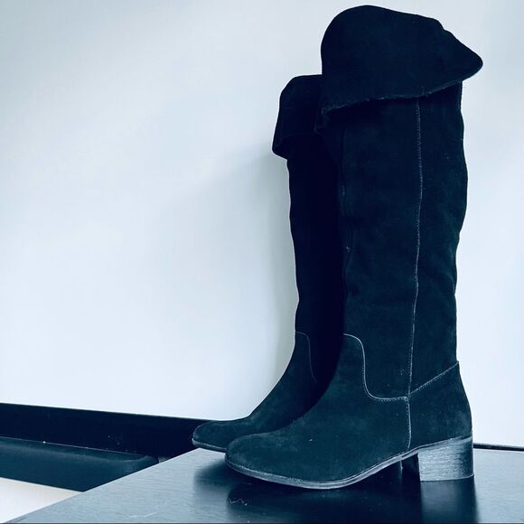 Steve Madden Tyga Suede Leather Black Over the Knee Boots 1.75” Block Heel Sz. 8 - Picture 6 of 16